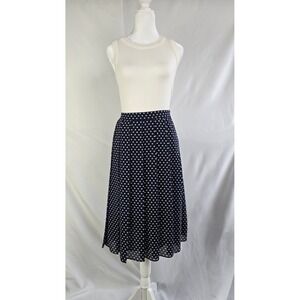 Michael Kors Navy Blue White Polka Dot Pleated Midi Skirt Size 10 Chiffon A-Line